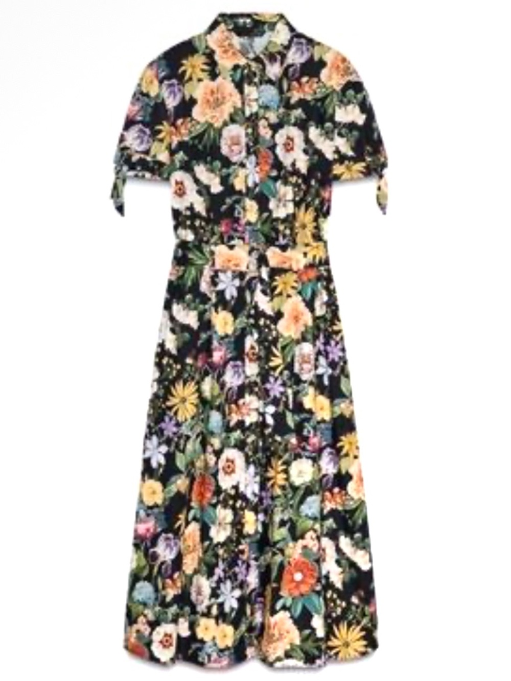 ZARA BELTED FLORAL PRINTED POPLIN MIDI SHIRT DRESS
